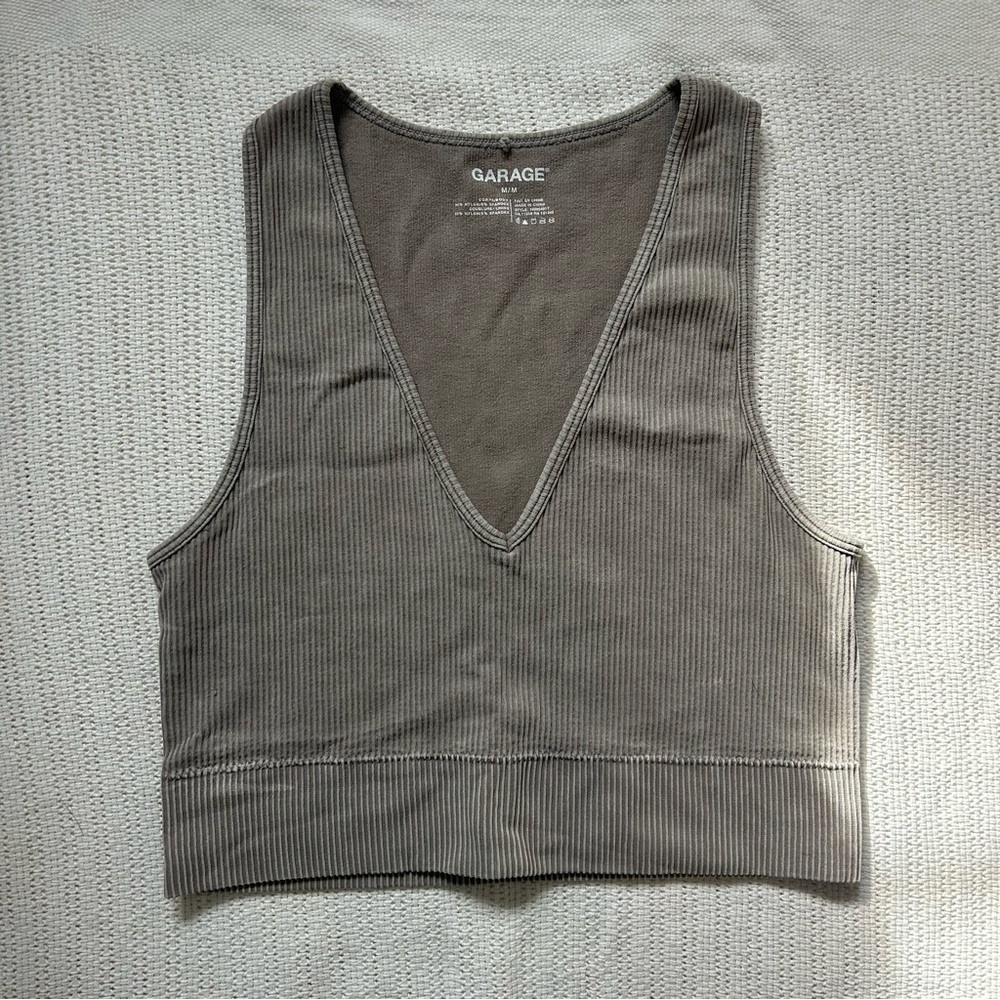 Garage Taupe Ribbed V-Neck Crop Top